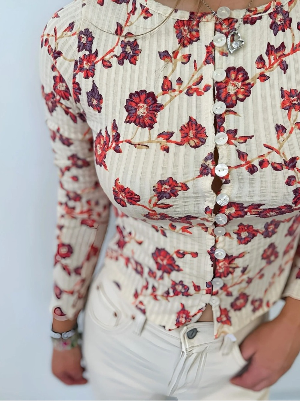 Free People Tilly Cotton Seersucker Cardigan in Tea Combo Floral Print